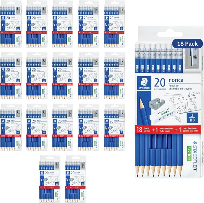 STAEDTLER Norica #2 HB Wood-Cased Pencil Set, 18 Pack, 324 Graphite Pencils | Pre Sharpened, 18 Sharpeners,18 Erasers, Break-Resistant Lead