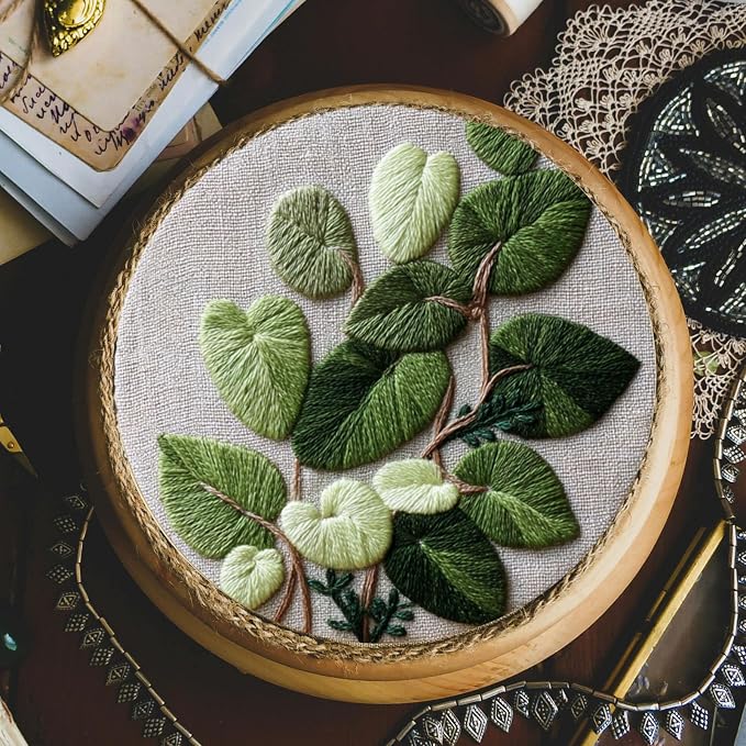 FONNUY Green Plants Embroidery Kit, Cross Stitch Kits for Beginners, Handmade Crafts with Printed Patterns for Beginner Adults, Easy to Follow Color Thread Needlework, 8'' Hoop (Luxuriant)
