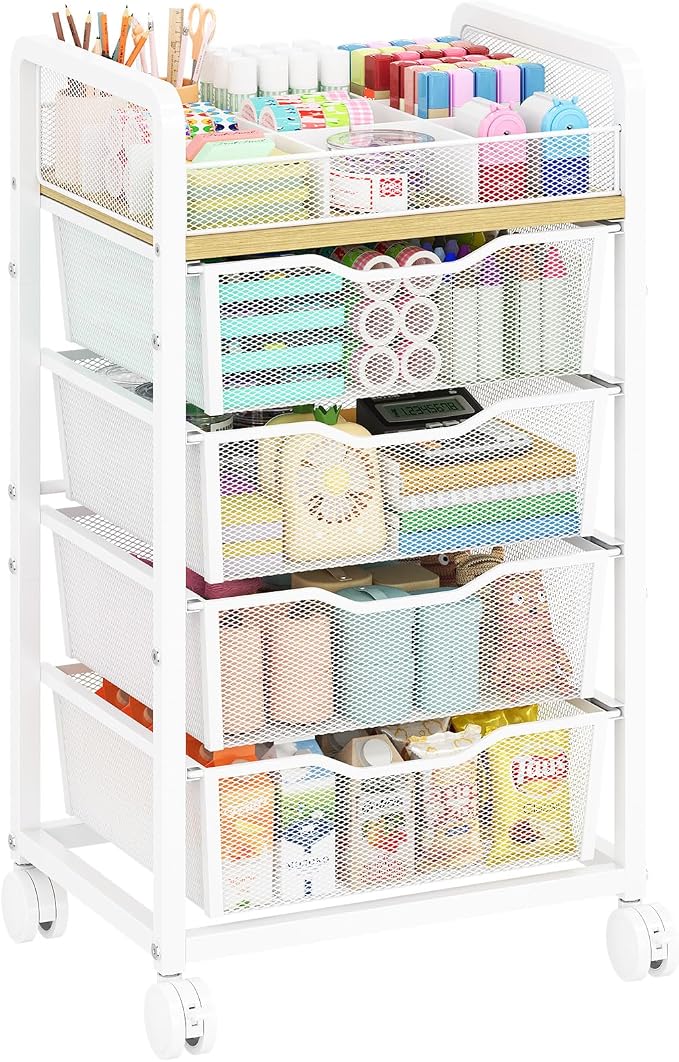 Hongtamoya Rolling Cart with 4 Drawers, Storage Cart with Dividers, White | Multifunctional Utility Cart, Storage Organizer with Lockable Wheels, Craft Art Trolley for Kitchen Office Classroom Bedroom
