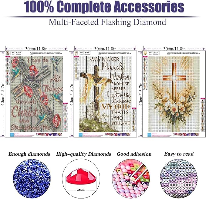 3 Pack Diamond Art Kits for Adults, Cross Diamond Painting Kit 11.8x15.7 in
