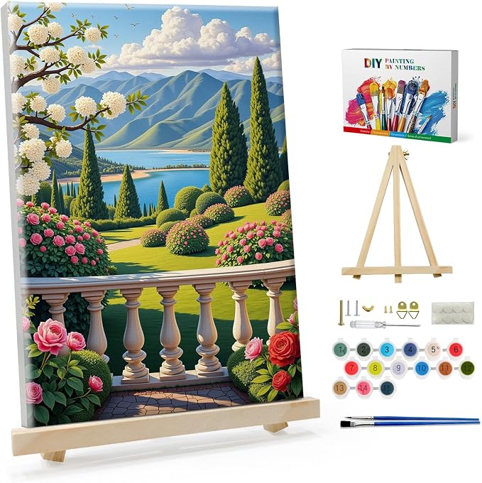 SparkGlow Landscape Paint by Number Kits for Adults with Frame, 8×12 Inch | Garden Painting by Number Kits, Include Easel, Premium Canvas, Number Painting for Gift, Home Decor, Relaxing and Fun