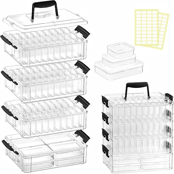 Stackable Bead Storage Organizer, 88 Small Plastic Containers with Lids, 4-Layer Clear Bead Organizer Box, 3 Sizes, Portable, for Jewelry and Crafts
