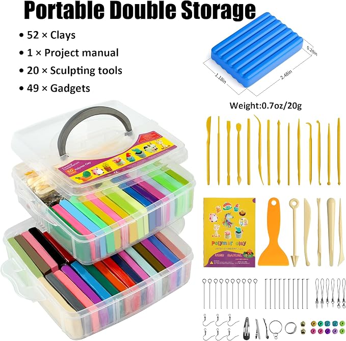 Aestd-ST Polymer Clay 52 Colors, Oven Bake Modeling Clay for Kids & Artists | 20 Sculpting Tools, Accessories, Easy to Shape, Non-Sticky, Colorful, Portable Storage Box, DIY Starter Kit for Kids & Adults