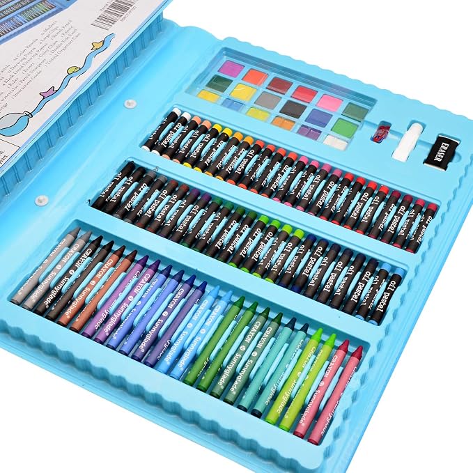 Sunnyglade 185 Pieces Double Sided Trifold Easel Art Set Art Supplies Blue | Art Kit Drawing Art Box with Oil Pastels, Crayons, Colored Pencils, Markers, Paint Brush, Watercolor Cakes, Sketch Pad