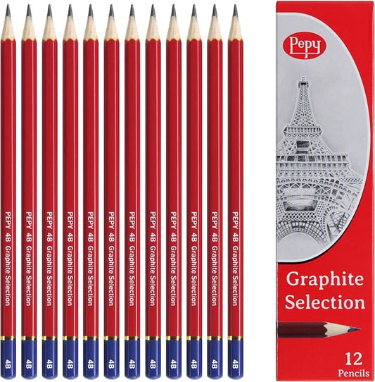 Pepy Graphite Professional Drawing Pencils - Set of 12 4B Pre-Sharpened Black Lead Pencils; Perfect for Drawing, Sketching and Shading, Graphic and Fine Art