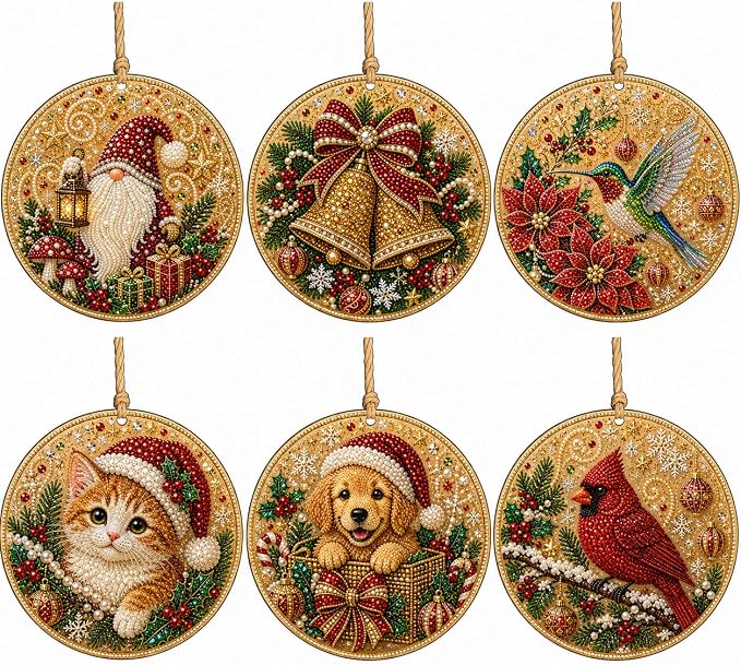 6Pcs Christmas Wooden Ornaments DIY Pearl Diamond Painting Kit (Christmas15)