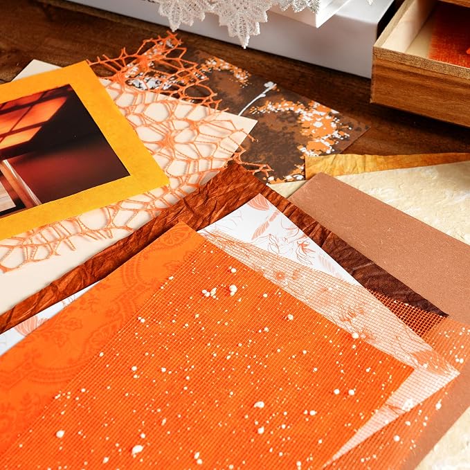 50 Sheets Unique Handmade Textured Scrapbook Paper & Mesh Fabric set - Junk Journal Supplies Craft Paper for Scrapbooking Journaling Supplies for Junk Journal Retro Crafts（Orange）