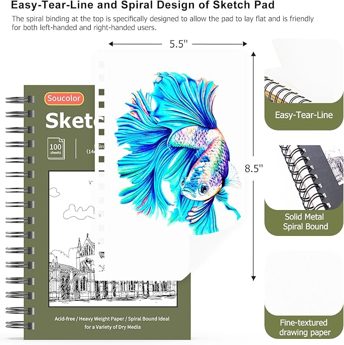 Soucolor Small Sketchbook 5.5" x 8.5", 2 Pack Mini White Sketch Book | Spiral-Bound Sketch Pads, 100 Sheets Acid-Free 68lb/100gsm Thick Drawing Paper for Kids Adults & Beginners Art Class Supplies