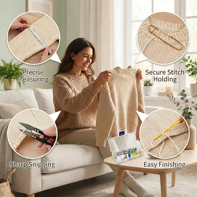 GKINIKG Knitting Tools Set with Storage Case – Knitting & Crochet Accessories for Sewing, Repair and DIY Craft Projects, Includes Scissors, Stitch Markers, Needles & Ruler