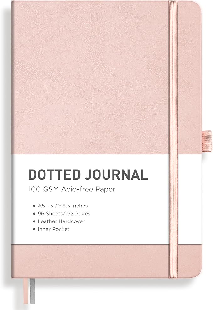 RETTACY Dotted Journal Notebook, 192 Pages, A5 Medium Size (5.7'' x 8.3'') | Leather Hardcover, 100 GSM Thick Paper, for Journaling, Planning, Tracking (Rose gold)