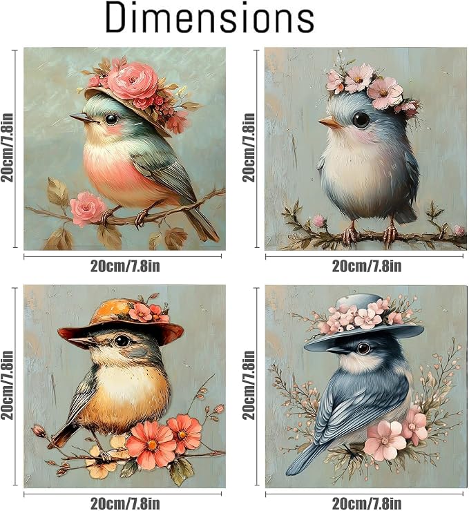 Clendo 4 Pack Bird Paint by Numbers Kit for Adults Beginners Framed - DIY Vintage Adults Paint by Numbers Kits on Canvas with Frame, Small Easy Acrylic Oil Painting for Home Wall Decor (8 x 8 Inch)
