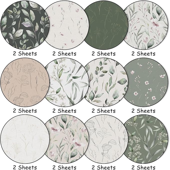 JarThenaAMCS 24 Sheet Greenery Pattern Paper Green Eucalyptus Leaves Scrapbook Specialty Paper Double Sided Craft Papers for DIY Card Making Photo Album Journal Decor, 6 x 6 Inch