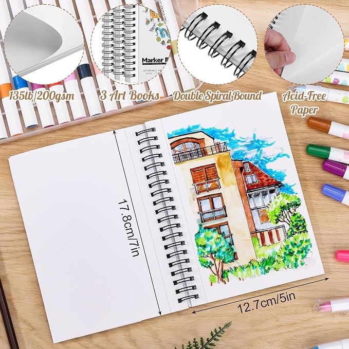 3 Pack Marker Paper Pad, 5×7 in, Double-Sided Bleedproof, Spiral Bound