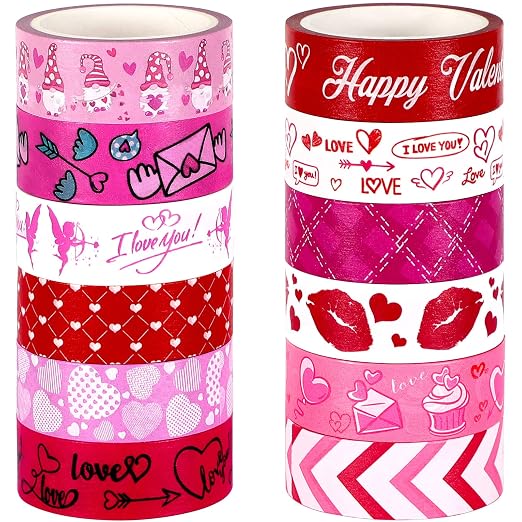 SANNIX 12 Rolls Valentine's Day Washi Tape 15mm Red Pink Love Valentines