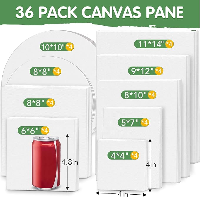 ESRICH Canvases for Painting, 36 Pack Canvas Boards 4x4, 6x6, 8x8, 5x7, 8x10, 9x12, 11x14, Round Canvas Panels with 8x8,10x10-Cotton Primed Blank Large Canvases for Acrylic, Oil, Gouache & Tempera.