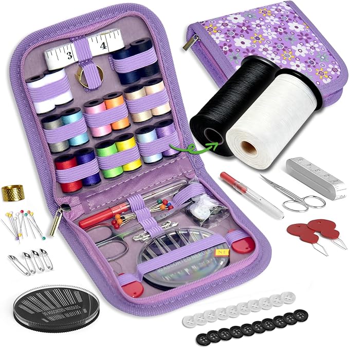 Sewing Kit Gifts for Grandma, Mom, Friend, Traveler, Adults, Beginner, Emergency,Sewing Supplies Accessories with Scissors,Sewing Needles Thimble, Thread,Tape Measure etc(Wildflower Purple, S)