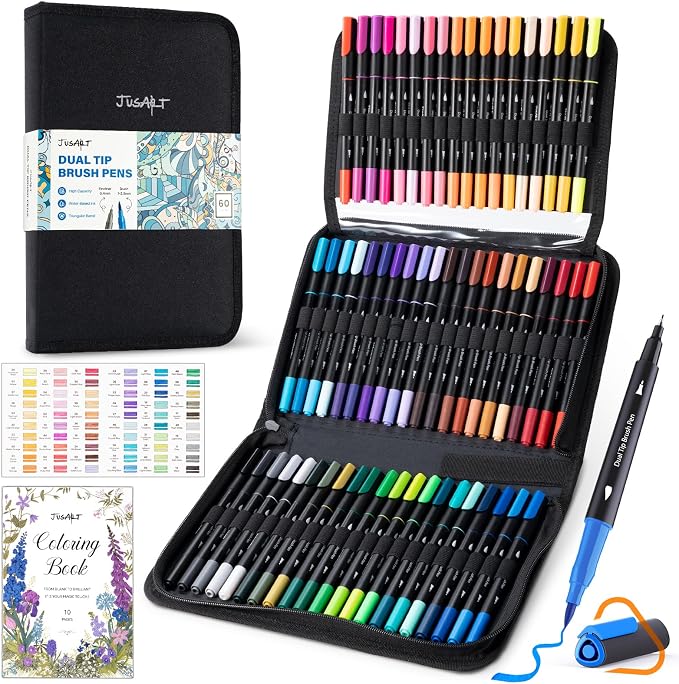 JusArt Markers for Adult Coloring Books No Bleeding, 60 Colors | Dual Tip, Triangle Grip, Fine & Brush Tips, Water-Based, 33% More Ink, With 200gsm Coloring Book, Storage Case, 6 Spare Tips