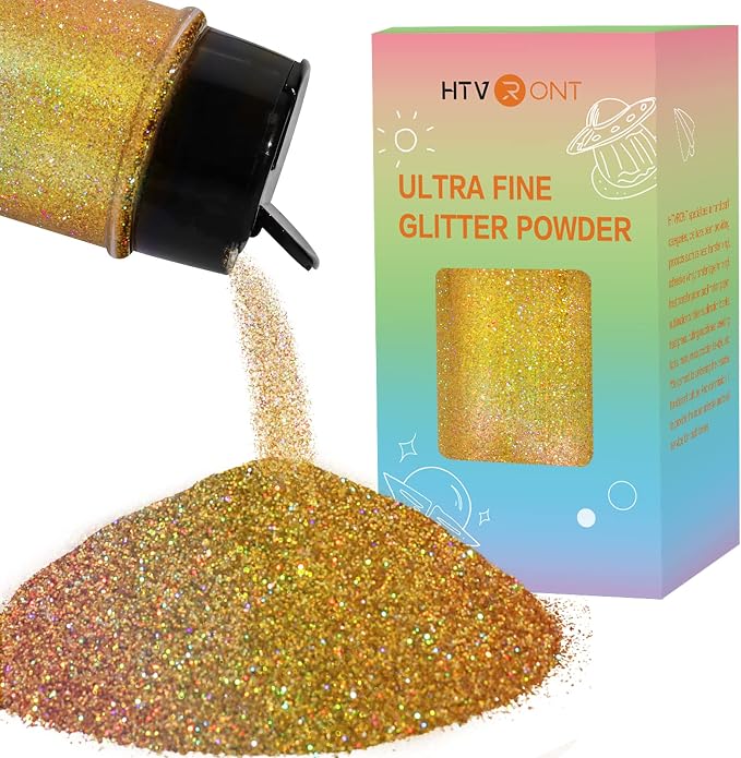 HTVRONT Gold Glitter for Crafts and Arts- 1.7oz/50g Fine Glitter Powder | Holographic Craft Glitter for Resin, Jewelry, Keychains, Paint, Candle, Slime Add Ins, Cosmetic Glitter for Nail Body