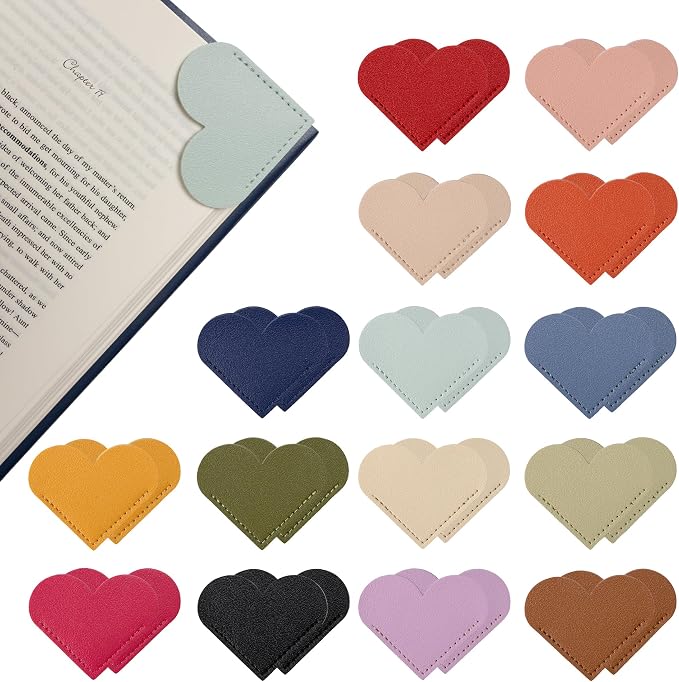 Yuoyar 30 Packs Leather Heart Bookmarks for Book Lovers, Cute Gifts (Solid Color)