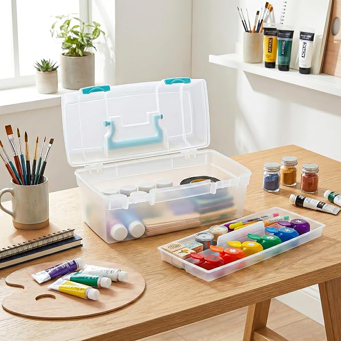 ArtBin 6937AG Essentials Lift-Out Tray Box, Portable Art & Craft Organizer with Handle and Tray, Clear/Aqua