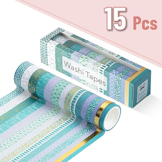Mr. Pen- Washi Tape Set, 15 Rolls, Assorted Sizes, 5 Yards/Roll | Gold Foil Washi Tape for Scrapbook, Arts, Crafts, Journals and Planners, Ocean Breez Design