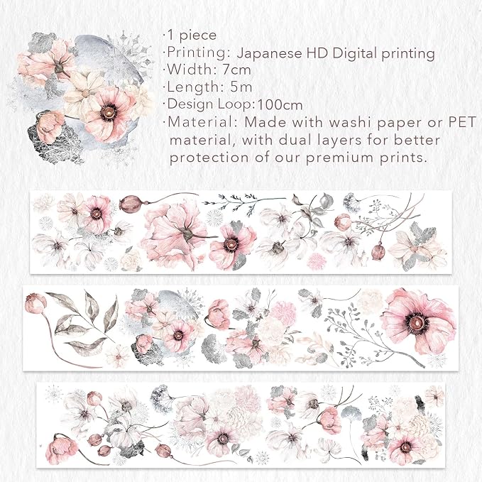 WT Frostbloom Wide PET Tape, Single Roll, Original Winter Floral Designs, Clear Transparent Adhesive Tape – Not Pre-Cut, for Junk Journals, Scrapbooks, Bujo, Planners, DIY Crafts, Art Stationery