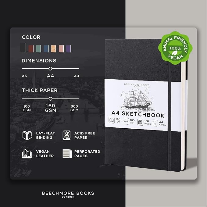 Beechmore Books A4 8.5x11 Mixed Media Sketchbook 160 GSM/98LB with Gift Box | Hardcover Art Journal with Lay-Flat Binding, 156 Perforated Ivory Pages for Drawing, Ink & Light Watercolor
