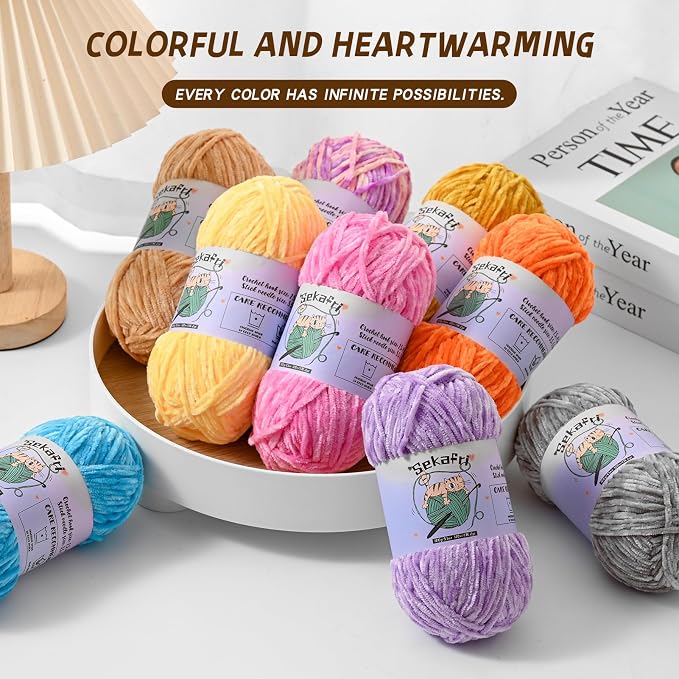 Fuzzy Chenille Yarn for Crocheting, Fluffy Amigurumi Crochet Yarn for DIY Craft/Hat/Shoes, (100 g/197 yds) Soft Velvet Baby Blanket Yarns（Turmeric）