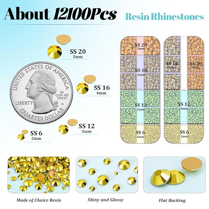 12100Pcs Resin Rhinestones for Crafting with 3Pcs 10ml B7000 Jewelry Glue, 2 Boxes Flatback Crystals Diamond (Bright Gold) for Bedazzling Crafts DIY Nail Art，Non Hotfix Gems for Clothing Shoes