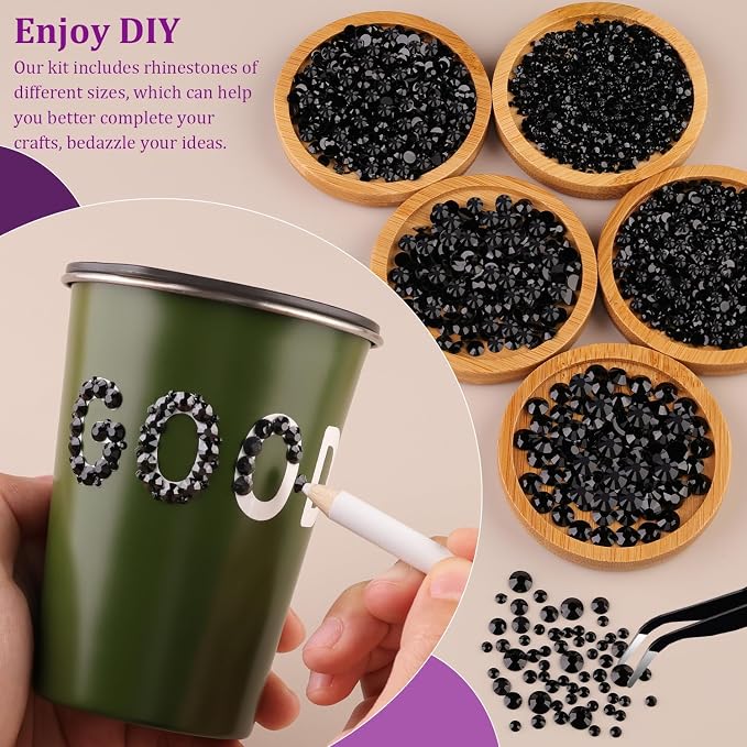 Resin Jelly Rhinestones for Crafting with B7000 Jewelry Glue, 1 Box Black Flatback Crystal with 3Pcs 10ml Glue, Bedazzling Non Hotfix Gems for DIY Tumblers Clothing Shoes Manicure