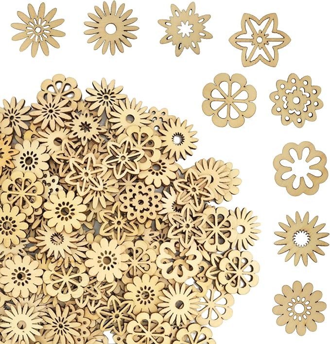 DIYOMR 200Pcs Unfinished Wood Pieces Hollow Wooden Art Decor, Vintage Embellishments Decorative Accessories for Scrapbooking Crafts DIY Home Decor (Flowers)
