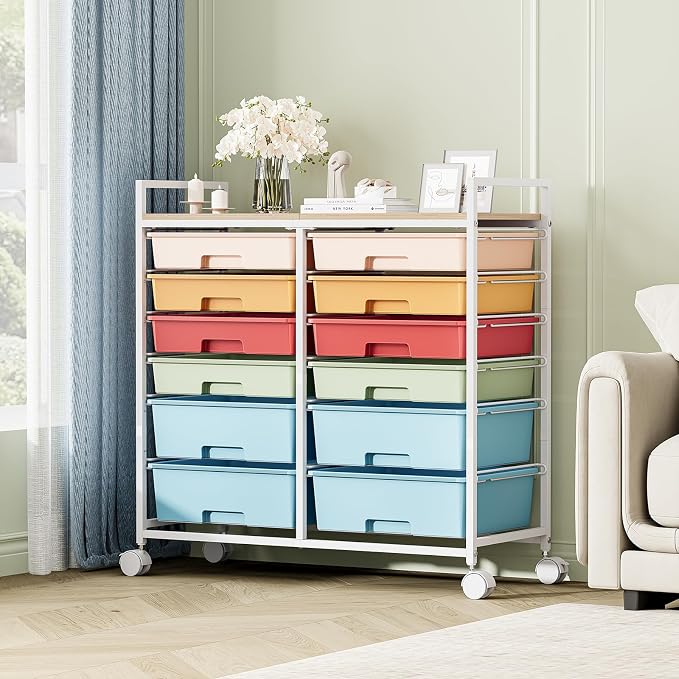 TOOLF 12 Drawers Rolling Storage Cart with Wooden Top for Classroom,Rainbow | Teacher Cart Craft Art Supply Organizer, Utility Cart with Lockable Wheels for Home Household Essentials, Office Organization