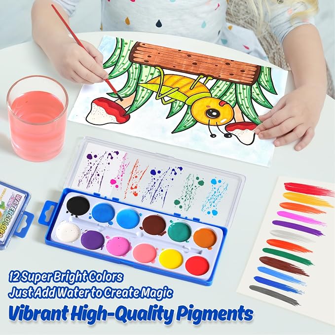 24 Packs Watercolor Paint Set Bulk, 12 Vibrant Colors Washable Watercolors with Brushes for Kids, Art Activities Painting Supplies for School Classroom Home
