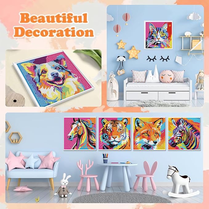ajepon 6 Pack Animal Diamond Art Kits for Kids, Animals Diamond Art for Kids Ages 8-12, Dog Cat Tiger Zebra Fox Horse Gem Painting Kits for Kid for Gift Home Wall Decor (6x6inch)