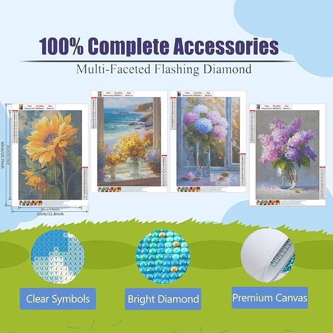 Diamond Art Kits for Adults,4 Pack flowers Diamond Painting Kits 12x16inch