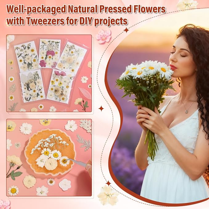 Dried Pressed Flowers for Resin, Real Pressed Flowers Dry Leaves Bulk Natural Herbs Kit for Scrapbooking Art Crafts Epoxy Resin Jewelry Mold Candle Soap Making Nails Décor (White & Pink Floral)