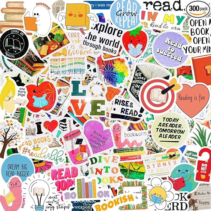 300PCS Holographic Book Stickers for Kindle Kids Teens Adults, Glitter Waterproof Bookish Sticker Pack Reading Vinyl Decals for Booktok Laptop Ebook Readers Water Bottles Journal Scrapbook