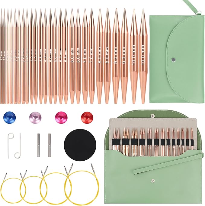 Aeelike 13 Pairs Interchangeable Knitting Circular Needles 3-10.0mm, Green | Aluminum Interchangeable Knitting Needles with 4 Cables, Smooth Complete Needles Set for Socks Blankets Sweaters, Ideal Gift