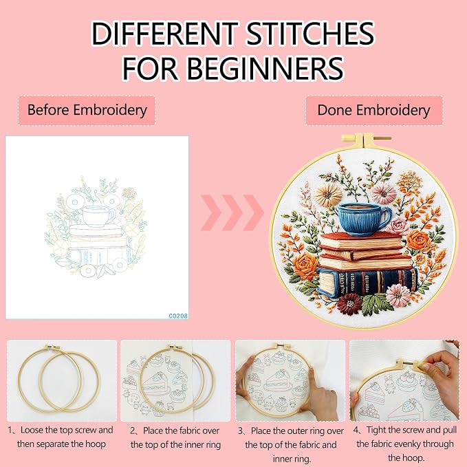 Zhenqing Book Lover Embroidery Kit for Beginners, Books Blooms & Tea Needlework Craft with Pre-Printed Cotton Fabric, Hoop, Threads & Tools, Reading Nook Decor (C0208)