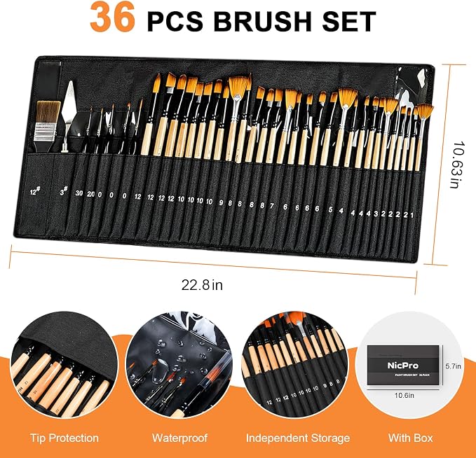 Nicpro 36pcs Paint Brush Set for Acrylic Painting,Oil, Watercolor (Wood) | Professional Paintbrushes for Acrylic Oil Gouache,Includes Palette Knife and Cloth Roll, Art Supplies for Artists & Beginners