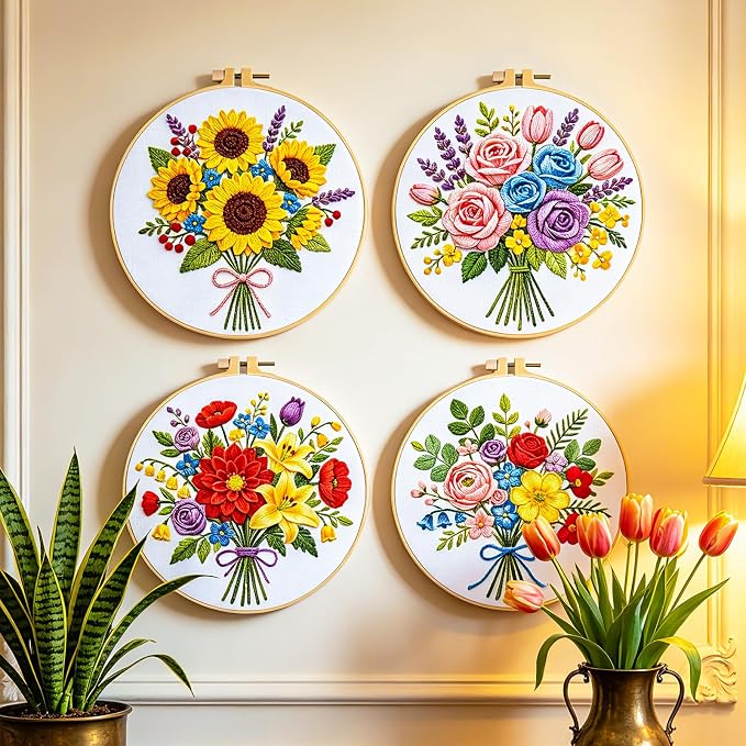BEUNITONE 4pcs Embroidery Kit, Flower Stamped Embroidery Kits with Hoop, Thread & Needles, Colorful Bouquet Cross Stitch Kits Sewing Gifts for Adults and Beginners, DIY Craft for Relaxation