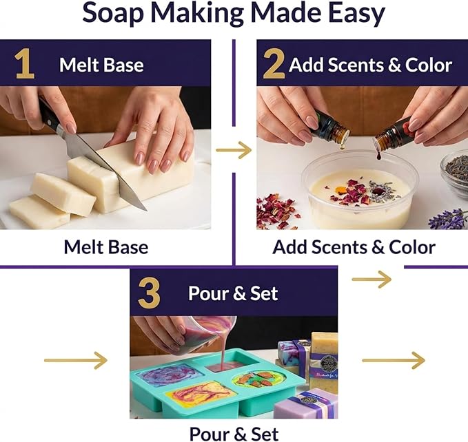 Soap Making Kit for Adults, Make Your Own Soap with Melt & Pour - DIY | Gentle soap supplies 6 Essential Oils Silicone Soap Mold Spoon Dried Flowers 1.5lbs Goats Milk Soap Base, 4 Dyes, Labels
