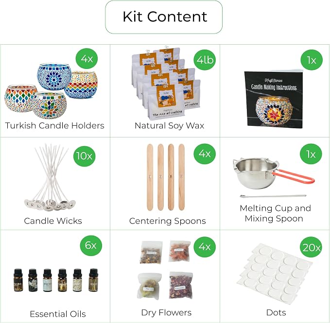 KRAFTSTORIES Candle Making Kit for Adults – DIY Candle Making Set with Natural Soy Wax, Wicks, Essential Oils, Dried Flowers & 4 Turkish Mosaic Glass Jars – Handmade Arts & Crafts Complete Gift (4)