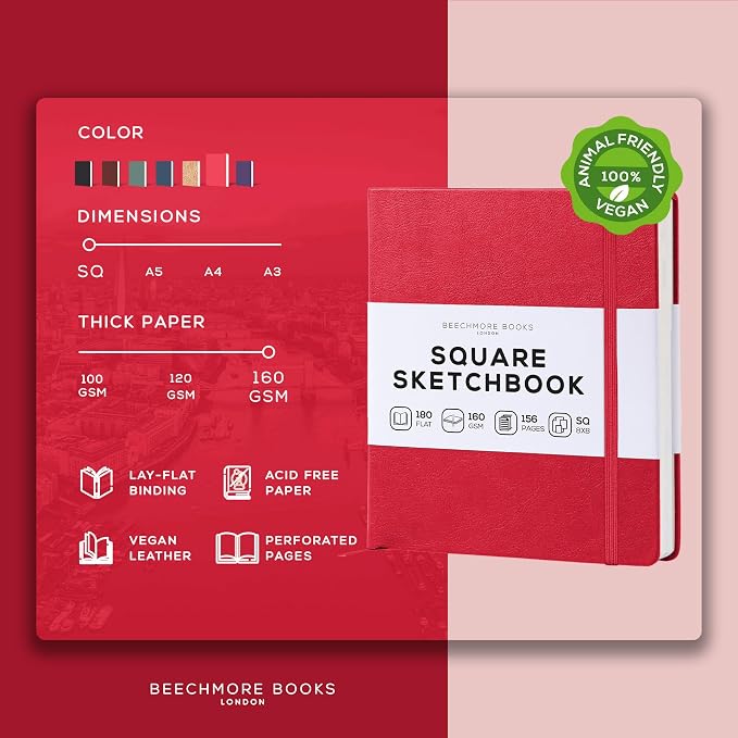 Beechmore Books 8x8 Square Mixed Media Sketchbook 160 GSM/98lb, Gift Box | Vegan Leather Hardcover Art Journal with Lay-Flat Binding, Perforated Ivory Pages for Drawing & Doodling