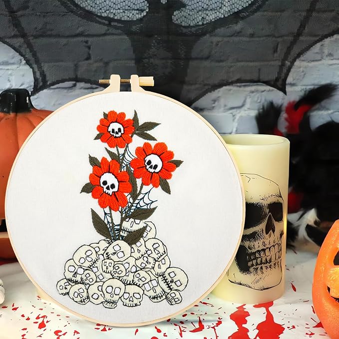 Crafmanoe Halloween Embroidery Starter Kit for Beginners Adults, Skull Flowers Stamped Cross Stitch Kits for Beginners Adults, Gothic Hand Embroidery Needlepoint Kits, Hoops, Fabric and Video Tutorial