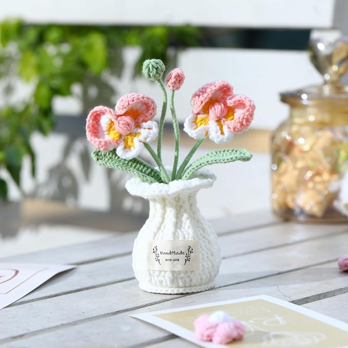Orchid Crochet Flower Pot Blush Pink Handmade Knitted Phalaenopsis Desk Decor for Home Office