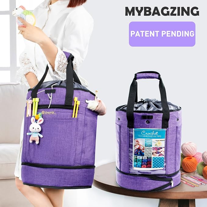 MYBAGZING Expandable Yarn Storage Organizer, Crochet Bag & Yarn Tote with Zipper Closure, Yarn Holder for Crocheting and Knitting for Yarn Skeins, Hooks, Needles,Accessories – Gift for Crafters