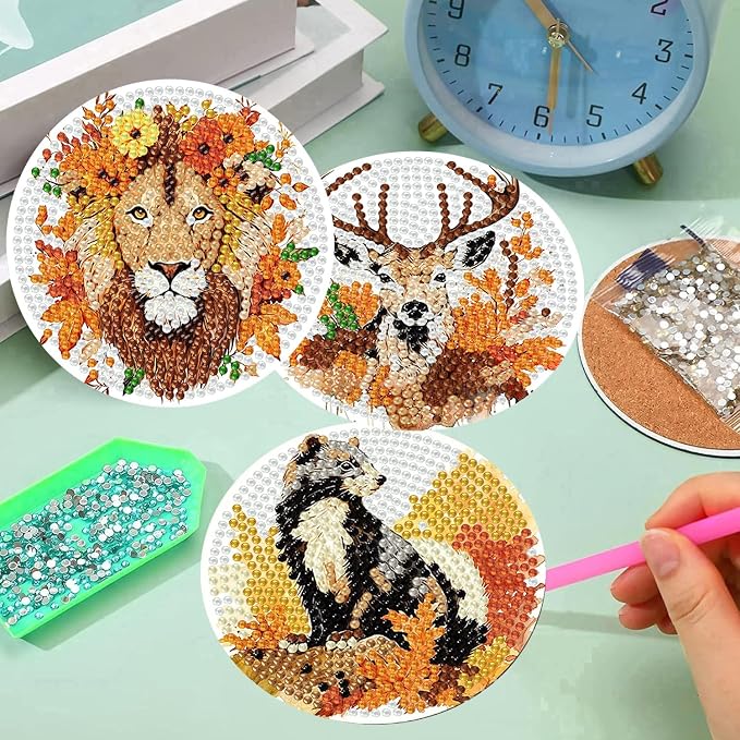 Diamond Art Coasters Kits, 8 Pcs Fall Animals Diamond Painting Coasters Kit