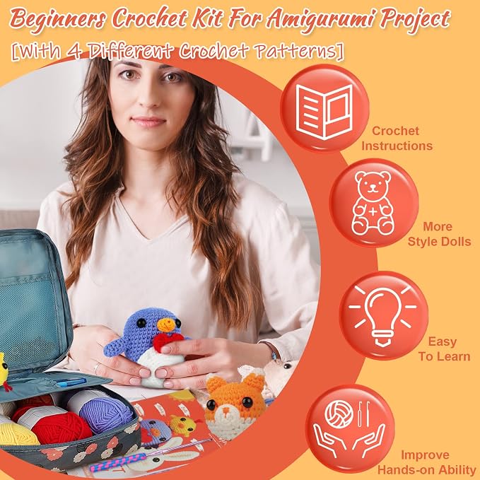 Coopay Crochet Kit for Beginners Adults w/Step-by-Step Tutorial | 4 in 1 Crochet Animal Kit - Penguin, Chick, Rabbit & Fox, Crochet Starter Kit-Include Everything Needed to Start