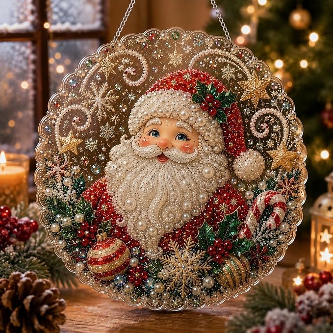 Christmas Pearl Diamond Painting Suncatcher Kit, DIY Craft (#A, 12in)